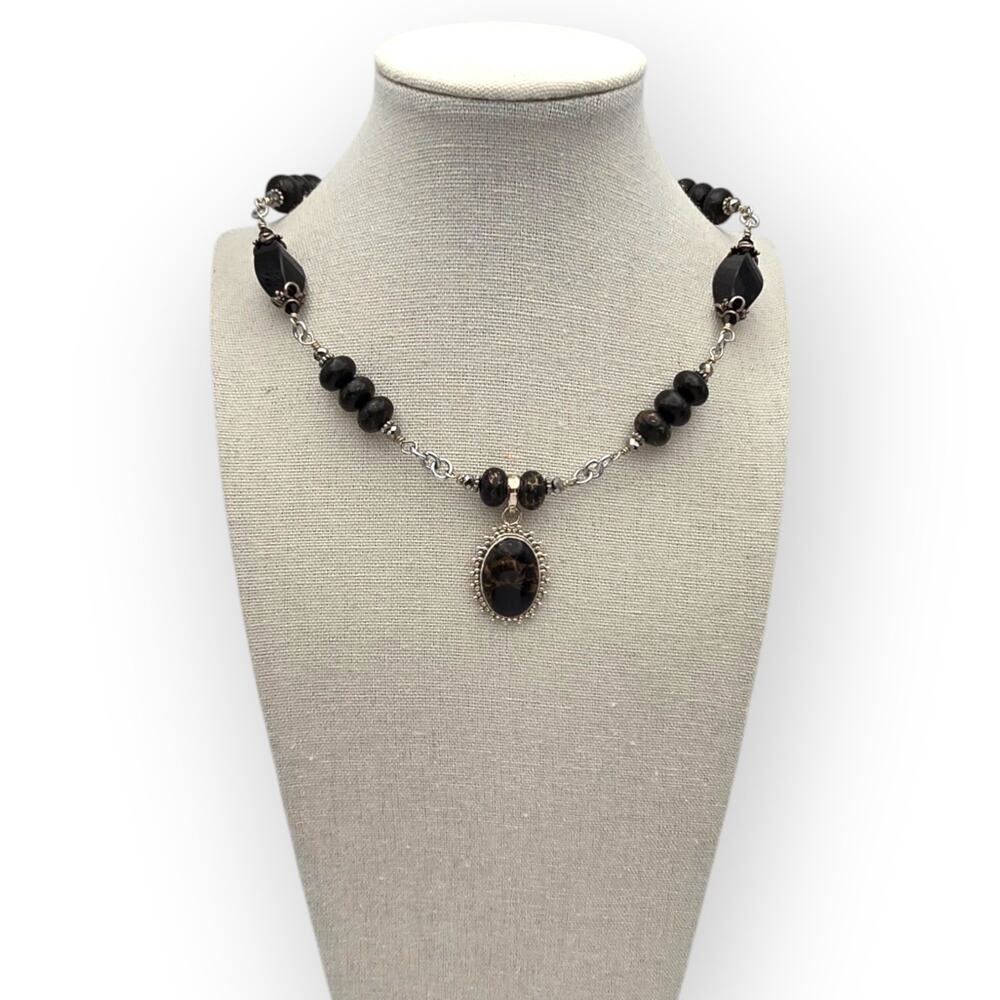 Black Stone Beaded Necklace Sterling Silver Pendant 925 Dark Minimalist